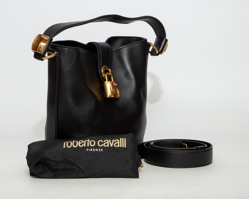 ROBERTO CAVALLI Leather Bucket Bag with Padlock - Black