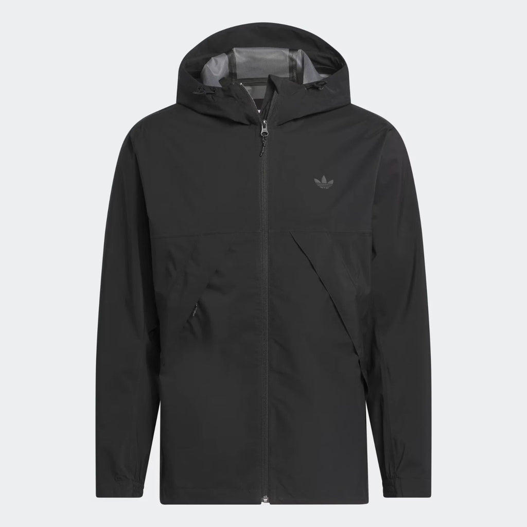 Black hooded jacket with Adidas logo on a light gray background