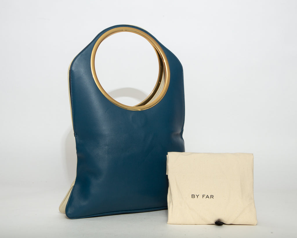 BY FAR Two-Tone Leather Bracelet Bag - Navy & Cream White