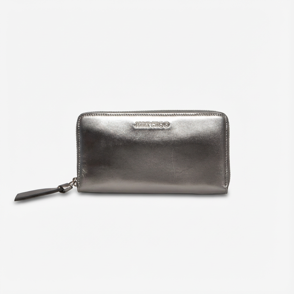 Silver wallet with a brand logo on a white background