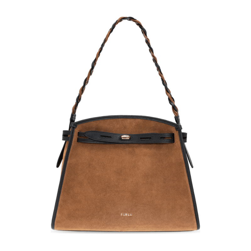 Furla Margherita Suede Medium Shoulder Bag Cognac Nero