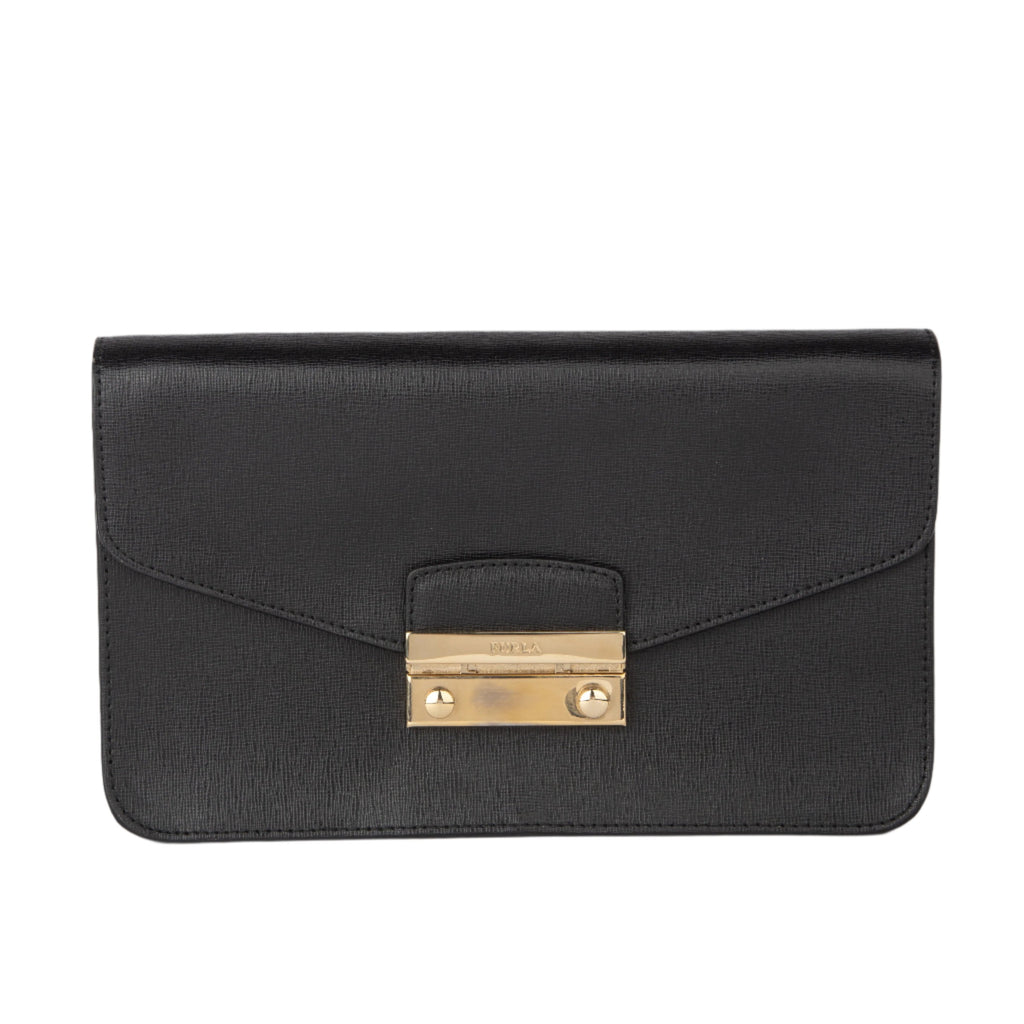 Furla Julia Pochette Shoulder Bag - Saffiano Black and Gold - AUSOUTLET.com.au