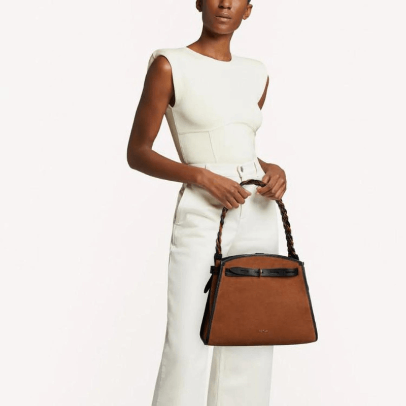 Furla Margherita Suede Medium Shoulder Bag - Cognac + Nero - AUSOUTLET.com.au