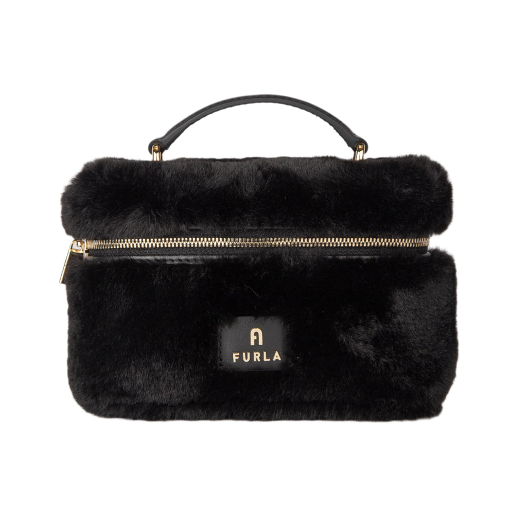 Furla Camelia Micro Vanity Case Crossbody - Tessuto Teddy Black and Gold - AUSOUTLET.com.au