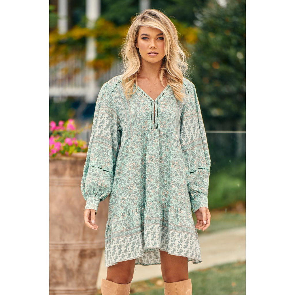 JAASE Mint Paisley Print Leo Mini Dress - AUSOUTLET.com.au