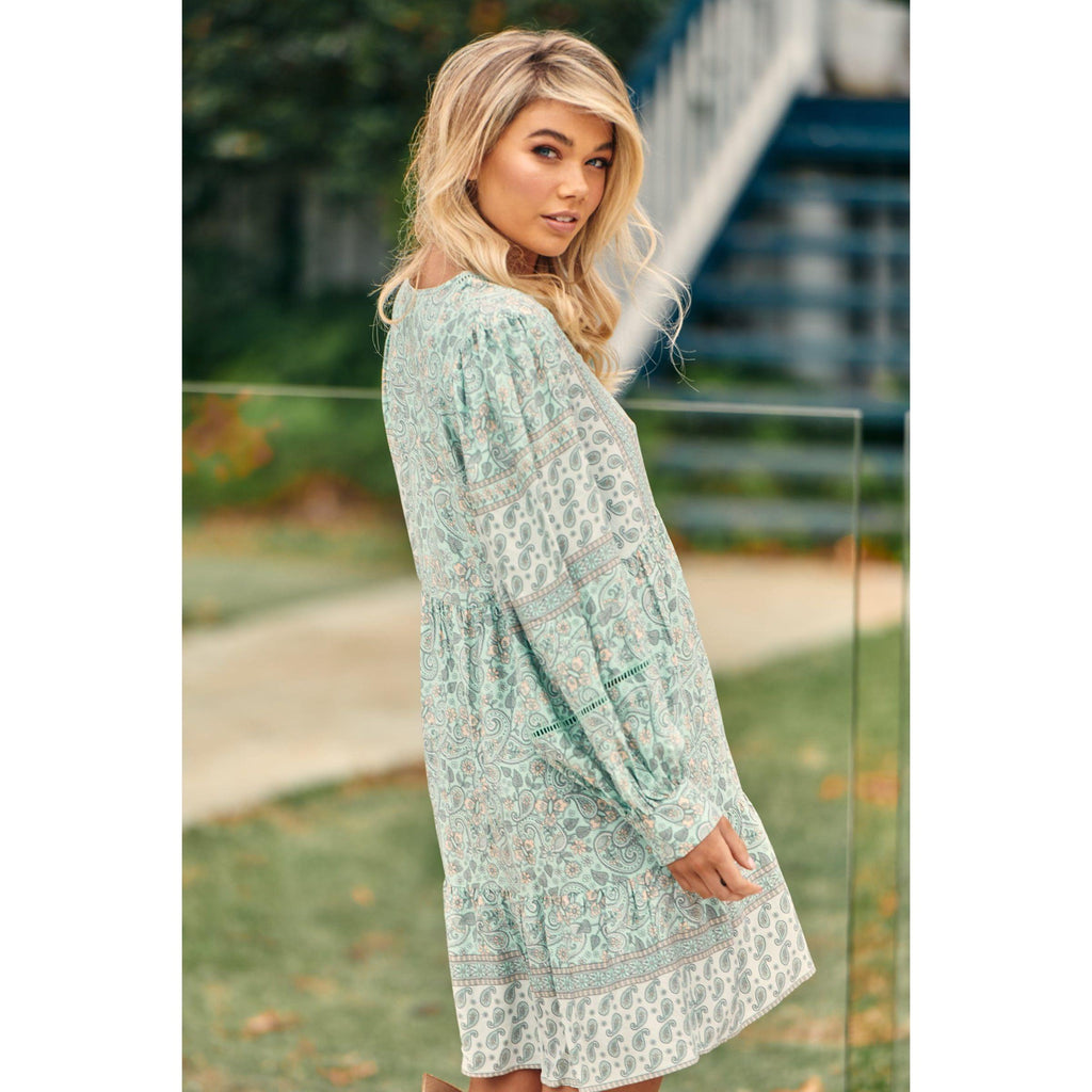 JAASE Mint Paisley Print Leo Mini Dress - AUSOUTLET.com.au