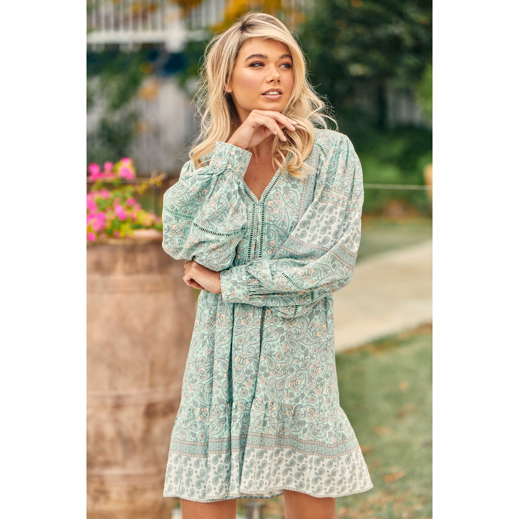 JAASE Mint Paisley Print Leo Mini Dress - AUSOUTLET.com.au