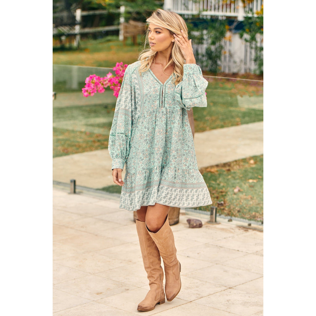 JAASE Mint Paisley Print Leo Mini Dress - AUSOUTLET.com.au