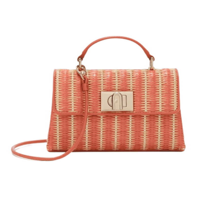 Furla 1927 Mini Crossbody Top Handle Raffia Bag - Orange/Light Beige - AUSOUTLET.com.au