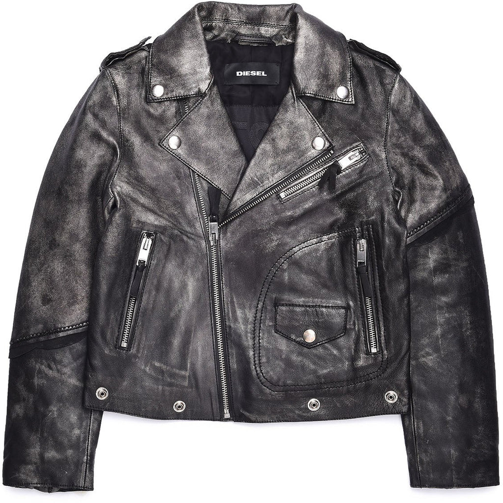 Diesel Boys Leather Zip Up Black Jacket - AUS OUTLET