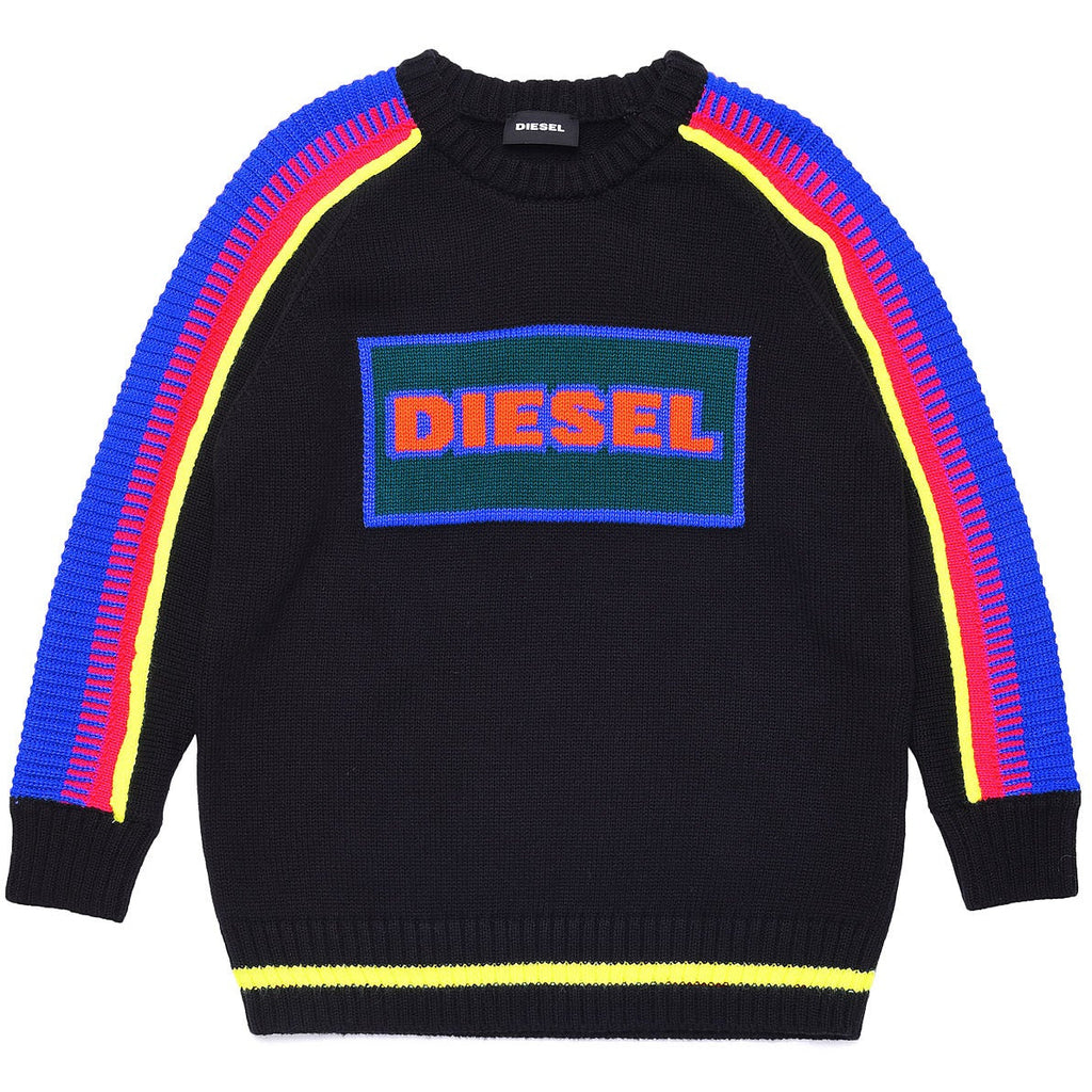 Diesel Boys Black Sweater with Multi Coloured Arms - AUS OUTLET