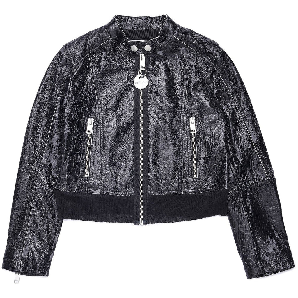 Diesel Girls Leather Zip Up Black Jacket - AUS OUTLET