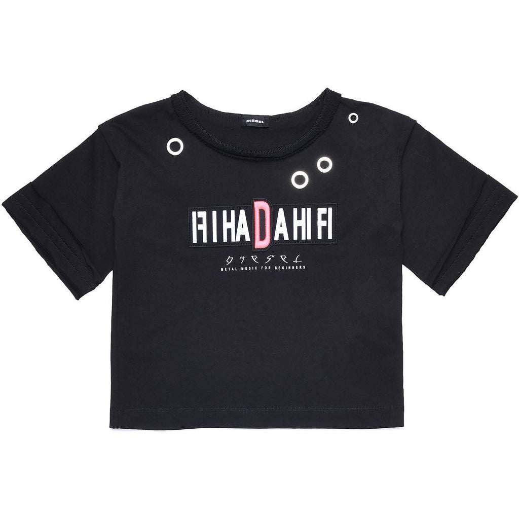 Diesel Girls Black Cropped T-shirt with Eyelet Design - AUS OUTLET