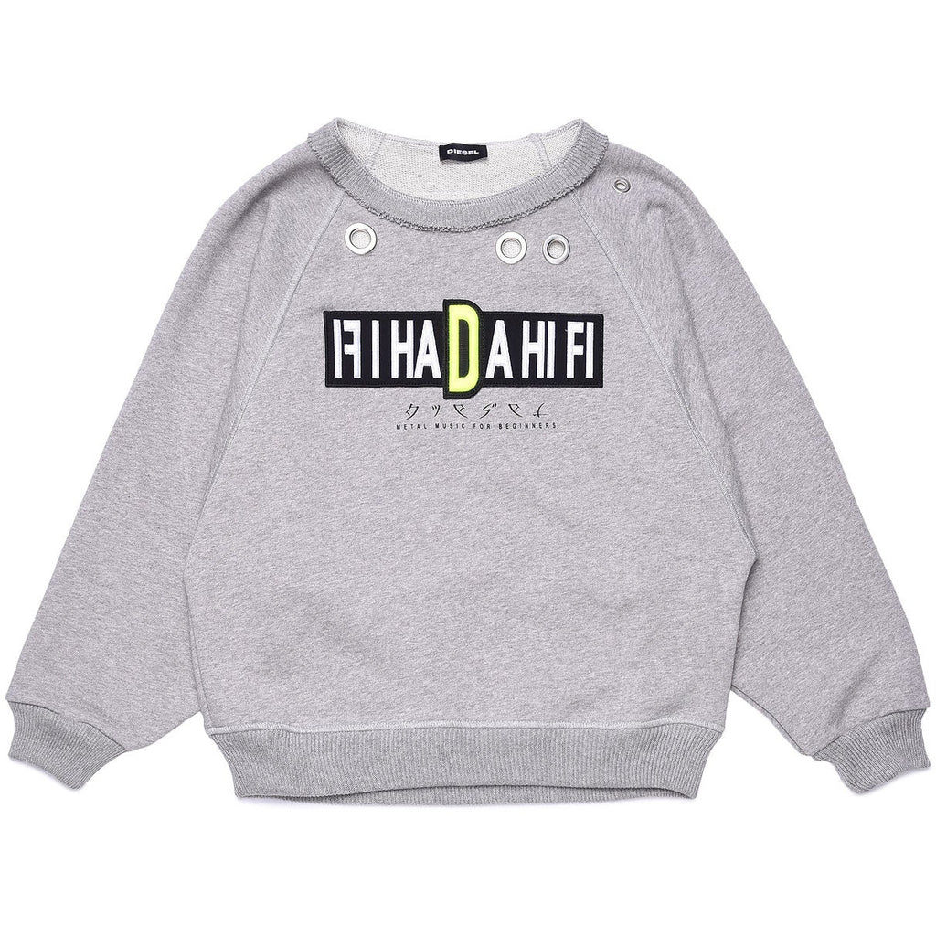 Diesel Girls Grey Sweater with Eyelet Design and Text - AUS OUTLET