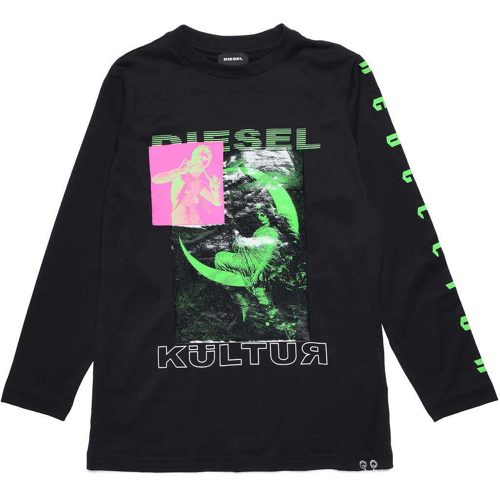 Diesel Girls Black Long Sleeve Top with Multicoloured Design - AUS OUTLET