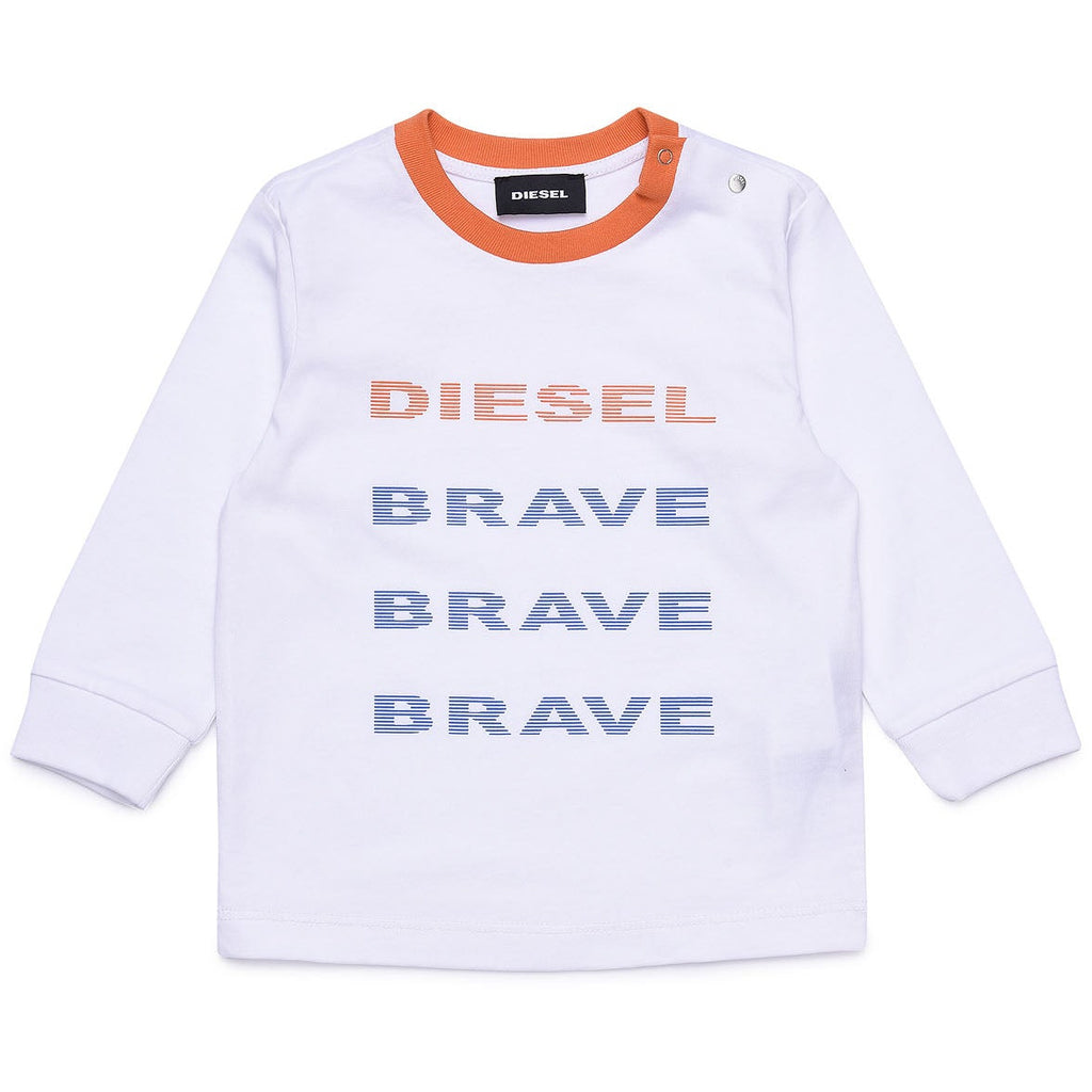 Diesel Babies White Long Sleeve T-shirt with Brave Text - AUS OUTLET