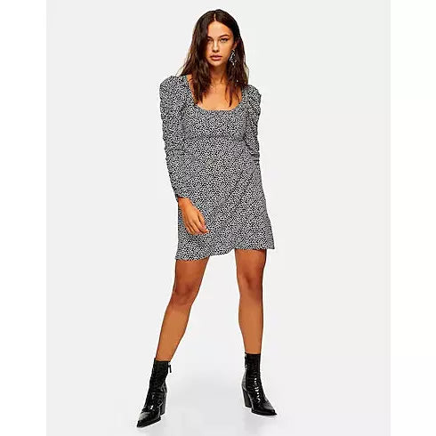 Topshop Women's Spot Long Sleeve Spotted Mini Dress - Monochrome - AUS OUTLET