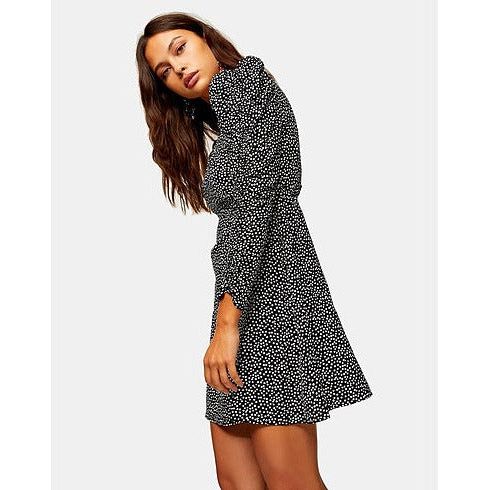 Topshop Women's Spot Long Sleeve Spotted Mini Dress - Monochrome - AUS OUTLET