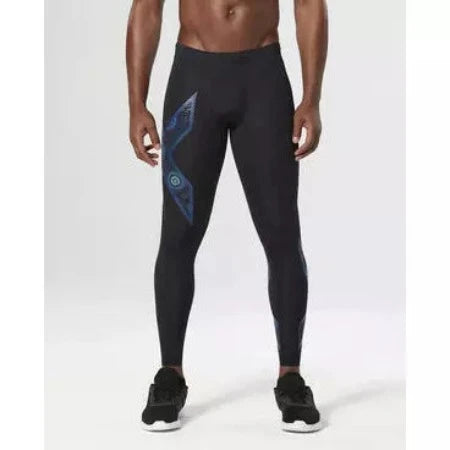 2XU Men's Compression Tights - Black/Printed Blue - AUS OUTLET