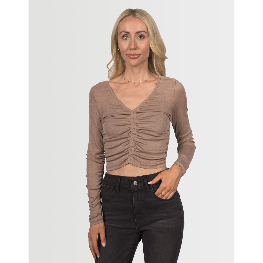 Topshop Women's Ruched Long Sleeve V-Neck Top - Mink Taupe - AUS OUTLET
