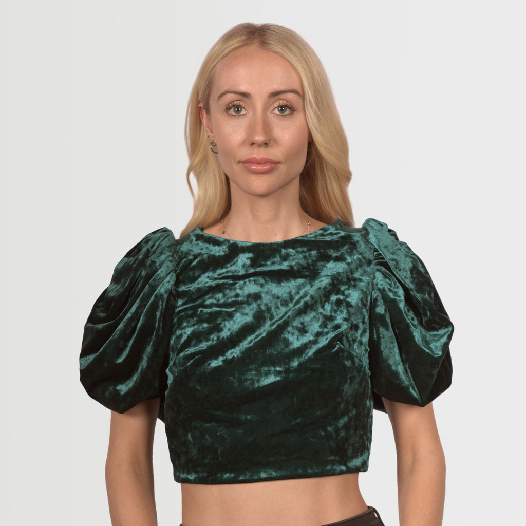 Topshop Women's Velvet Balloon Sleeve Blouse - Emerald Green - AUS OUTLET