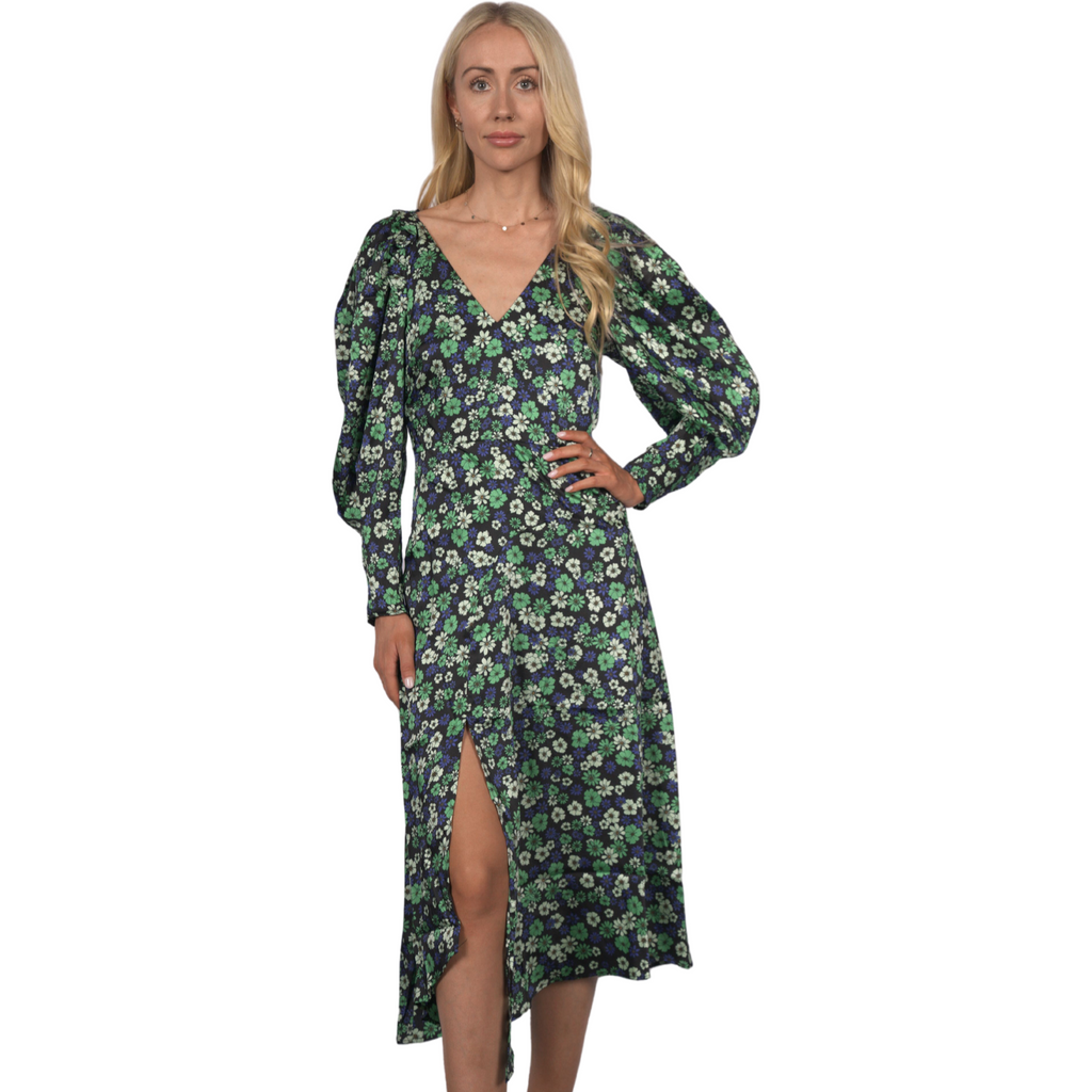 Topshop Women's Longsleeve Floral Print Midi Dress - Green - AUS OUTLET