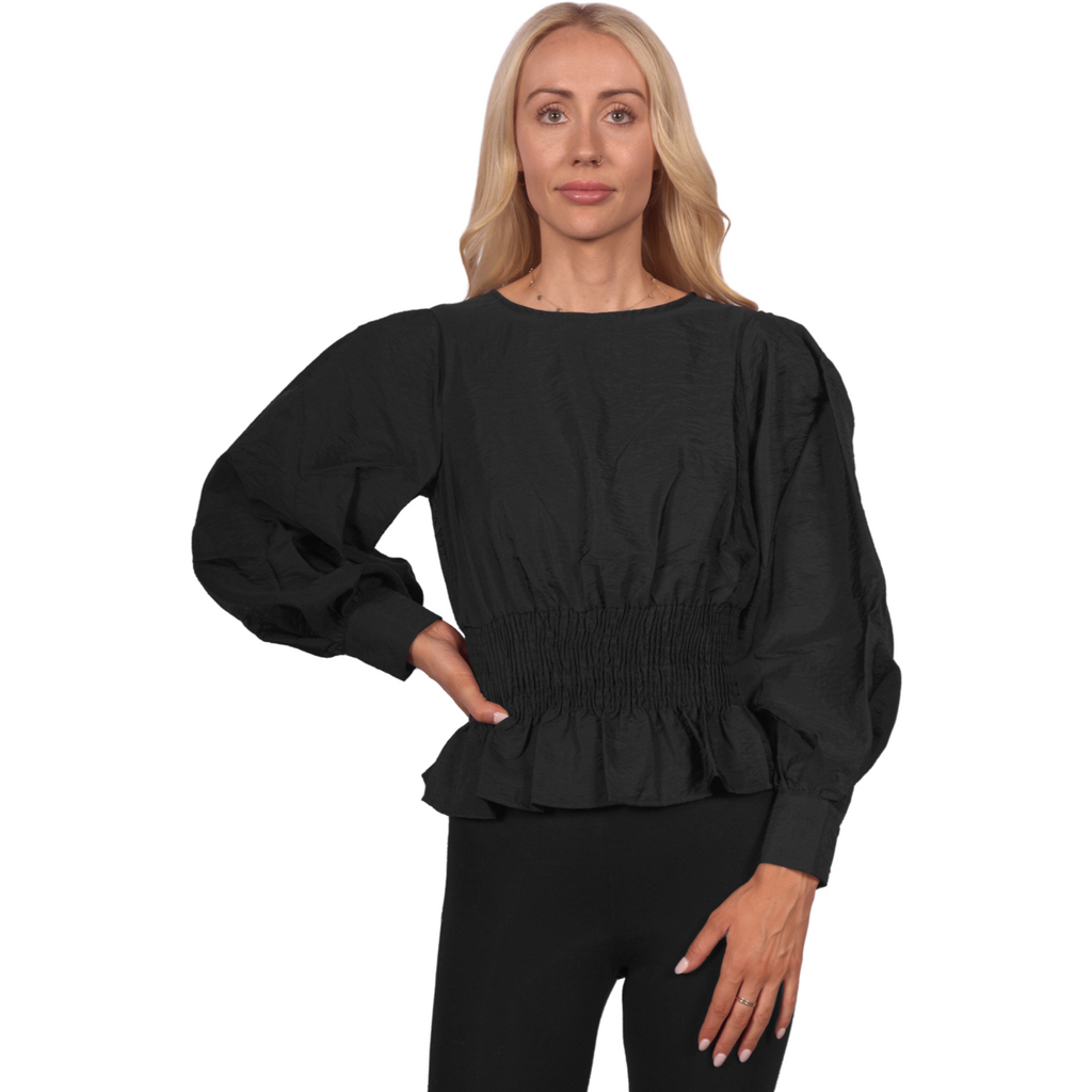 Topshop Women's Long Sleeve Ruched Waist Blouse - Black - AUS OUTLET