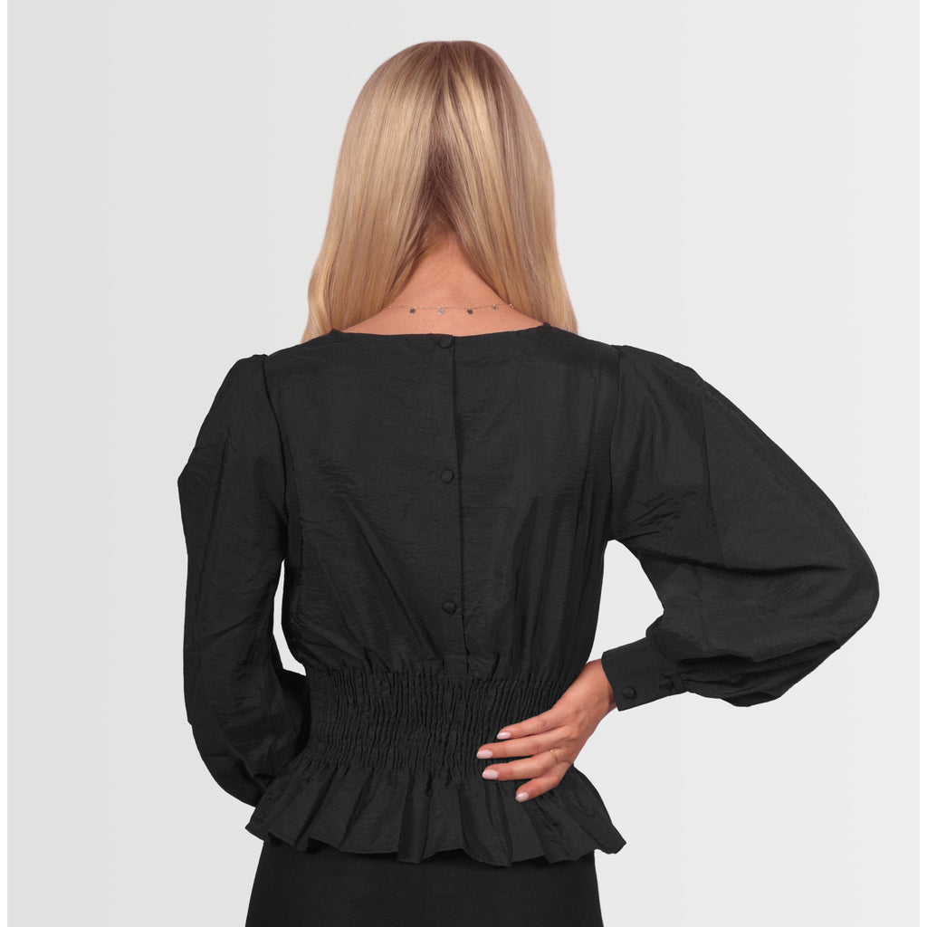 Topshop Women's Long Sleeve Ruched Waist Blouse - Black - AUS OUTLET