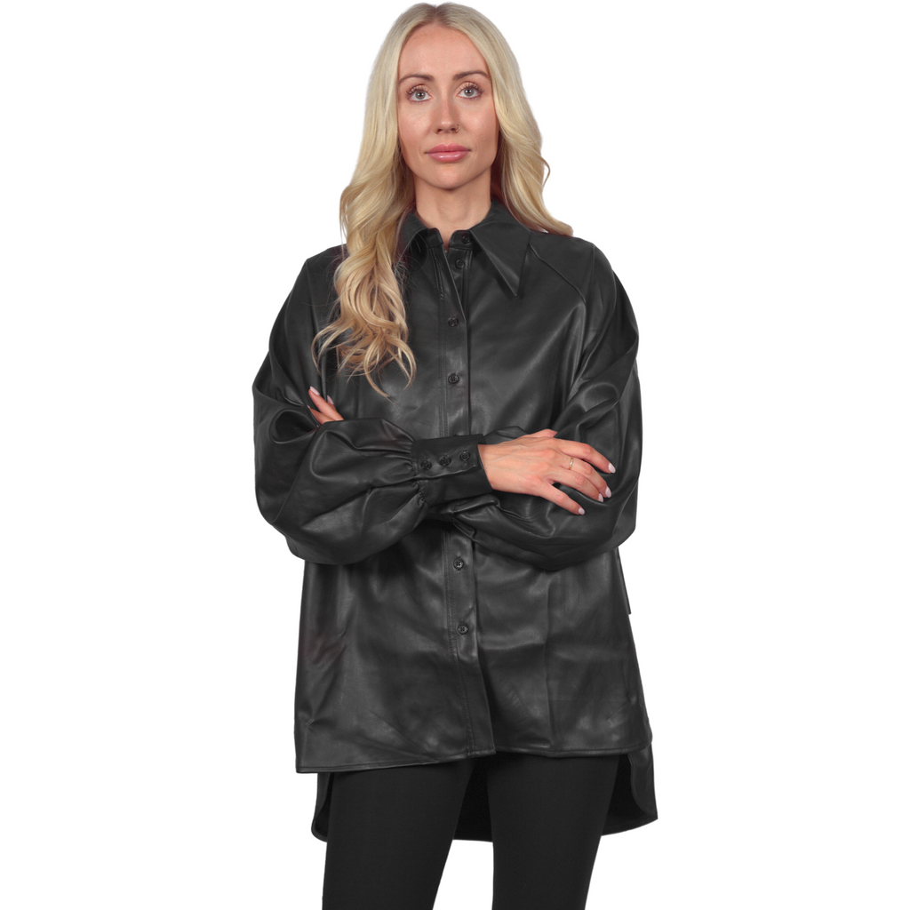 Topshop Women's Oversized Leather Look Shirt Blouse - Black - AUS OUTLET