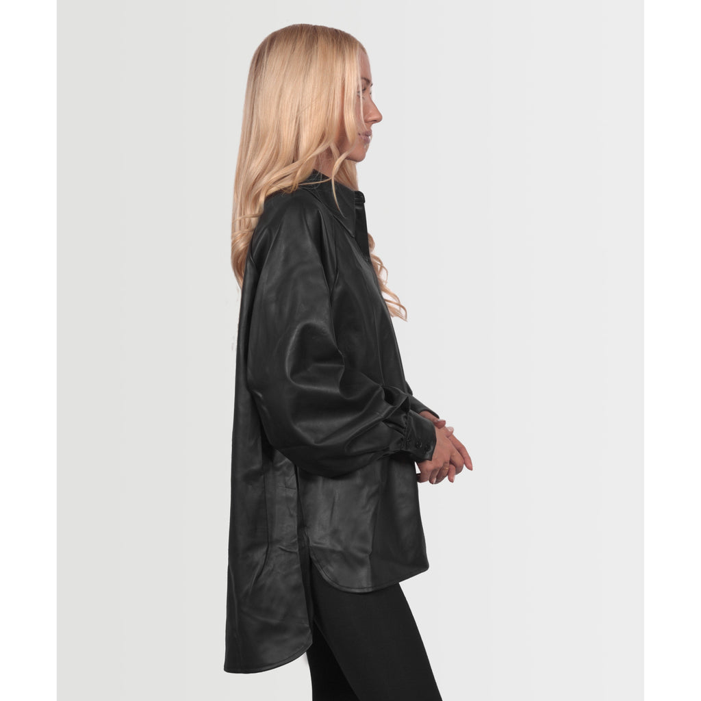 Topshop Women's Oversized Leather Look Shirt Blouse - Black - AUS OUTLET