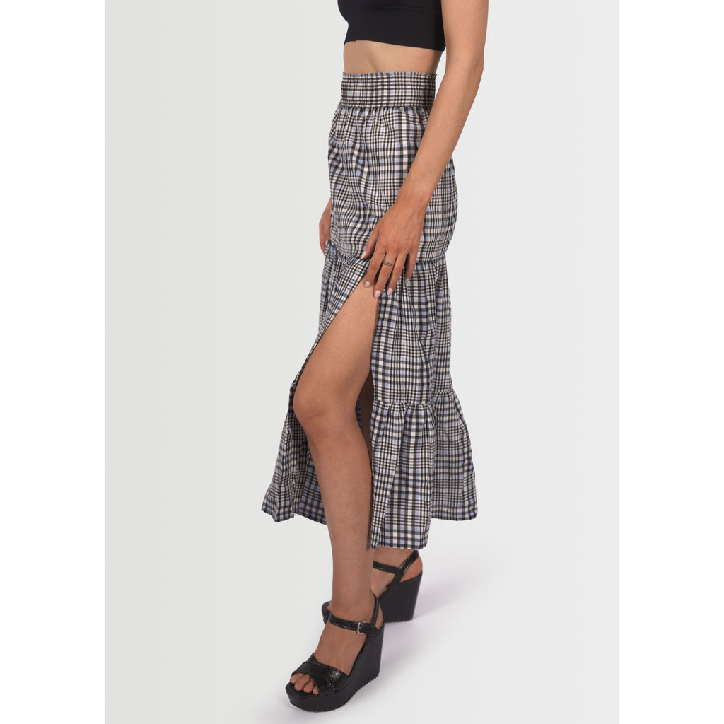 Topshop Women's Gingham Split Midi Skirt - Black, White & Blue - AUS OUTLET